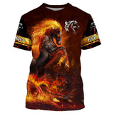 T-shirt cheval de feu personnalisé all-over avec cheval cabré entouré de flammes rouge et orange ardentes