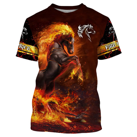 T-shirt cheval de feu personnalisé all-over avec cheval cabré entouré de flammes rouge et orange ardentes