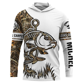Sweat UV à capuche pêche carpe Près des carpes loin des cons bicolore camouflage prénom personnalisé