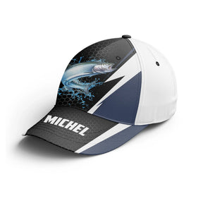 Casquette pêche saumon blanc bleu marine saumon stylisé éclats lumineux prénom Michel côté broderie unisexe personnalisée