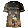 T-shirt chasse noir et camouflage forêt unisexe avec cerf majestueux et inscription Deer Hunting, prénom personnalisé