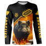 T-shirt chasse variante avec sanglier et flammes orange, prénom personnalisé