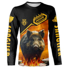 T-shirt chasse variante avec sanglier et flammes orange, prénom personnalisé