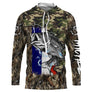 Hoodie capuche anti-UV pêche bar camouflage roseaux orange avec bar en attaque et drapeau France