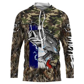 Hoodie capuche anti-UV pêche bar camouflage roseaux orange avec bar en attaque et drapeau France