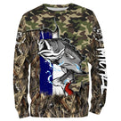 Sweater all-over pêche bar camouflage roseaux drapeau France manches longues unisexe carnassier