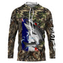 T-shirt anti-UV capuche pêche saumon camouflage forêt drapeau France saumon argenté en gros plan
