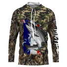 T-shirt anti-UV capuche pêche saumon camouflage forêt drapeau France saumon argenté en gros plan