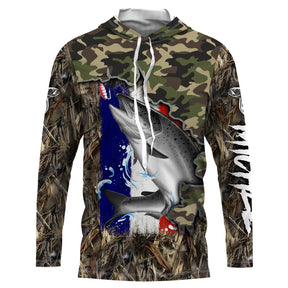 T-shirt anti-UV capuche pêche saumon camouflage forêt drapeau France saumon argenté en gros plan
