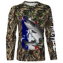 T-shirt manches longues pêche saumon camouflage France motif salmonidés en gros plan