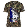 T-shirt all-over col rond pêche saumon camouflage forêt et bandes bleu blanc rouge