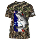 T-shirt all-over col rond pêche saumon camouflage forêt et bandes bleu blanc rouge