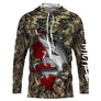 T-shirt anti-UV capuche pêche saumon camouflage forêt drapeau suisse saumon argenté en gros plan