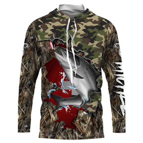 T-shirt anti-UV capuche pêche saumon camouflage forêt drapeau suisse saumon argenté en gros plan