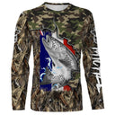 T-shirt manches longues pêche truite camouflage France motif salmonidés en gros plan
