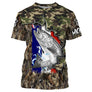 T-shirt all-over col rond pêche truite camouflage forêt et bandes bleu blanc rouge