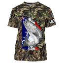 T-shirt all-over col rond pêche truite camouflage forêt et bandes bleu blanc rouge