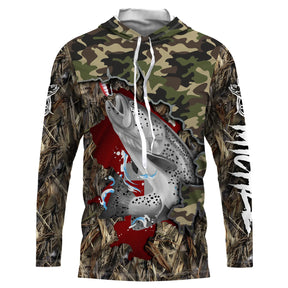 T-shirt anti-UV capuche pêche truite camouflage forêt drapeau suisse rouge truite fario en gros plan