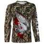 T-shirt manches longues pêche truite camouflage Suisse motif salmonidés en gros plan
