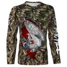 T-shirt manches longues pêche truite camouflage Suisse motif salmonidés en gros plan