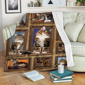Plaid Maine Coon 3D polaire avec mosaïque de portraits chat poil long noir marron blanc gris
