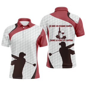 Polo golf homme rouge bordeaux blanc slogan homme simple golf apéro silhouette joueur verre vue avant