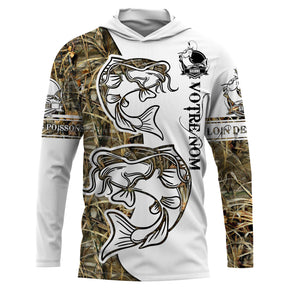 Sweat UV à capuche pêche silure humour Près des poissons loin des cons bicolore camouflage prénom