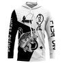 T-shirt anti-UV capuche pêche bar Fish On bicolore noir blanc avec bar imposant et hameçon stylisé