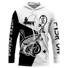 T-shirt anti-UV capuche pêche brochet Fish On bicolore noir blanc avec brochet imposant et hameçon stylisé