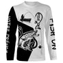 T-shirt manches longues pêche brochet Fish On bicolore noir blanc lettrage manche