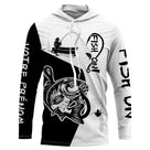 T-shirt anti-UV capuche pêche carpe Fish On bicolore noir blanc avec carpe imposante et hameçon stylisé