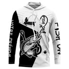 T-shirt anti-UV capuche pêche truite Fish On bicolore noir blanc avec truite fario en mouvement et hameçon stylisé