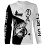 T-shirt manches longues pêche truite Fish On bicolore noir blanc lettrage manche