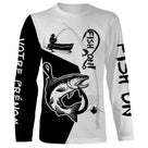 T-shirt manches longues pêche saumon Fish On bicolore noir blanc lettrage manche