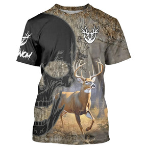 T-shirt all-over camouflage unisexe avec cerf et crâne stylisé, collection sauvage automne, prénom personnalisé