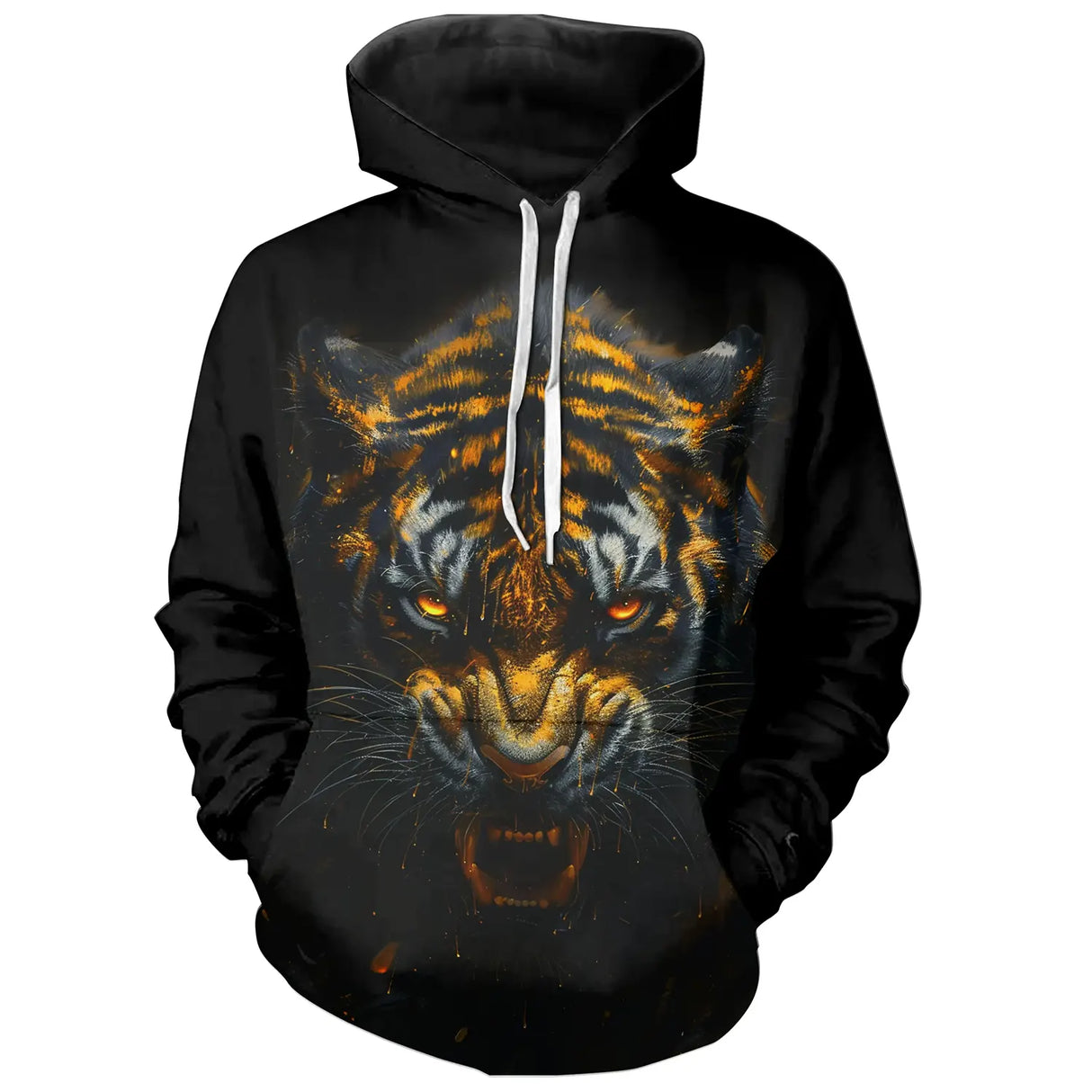 T-shirt all-over noir unisexe avec tigre d'or au regard intense, esprit du prédateur sauvage