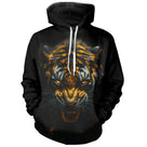 T-shirt all-over noir unisexe avec tigre d'or au regard intense, esprit du prédateur sauvage