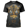 T-shirt all-over noir unisexe avec tigre d'or au regard intense, esprit du prédateur sauvage