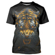T-shirt all-over noir unisexe avec tigre d'or au regard intense, esprit du prédateur sauvage