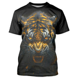 T-shirt all-over noir unisexe avec tigre d'or au regard intense, esprit du prédateur sauvage