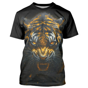 T-shirt all-over noir unisexe avec tigre d'or au regard intense, esprit du prédateur sauvage