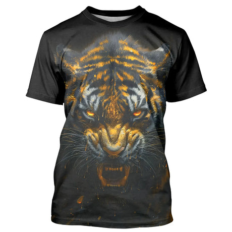 T-shirt all-over noir unisexe avec tigre d'or au regard intense, esprit du prédateur sauvage