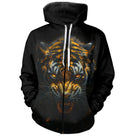 T-shirt all-over noir unisexe avec tigre d'or au regard intense, esprit du prédateur sauvage