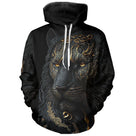 T-shirt all-over noir unisexe avec panthère d'or, art tribal et dorures élégantes esprit animal sauvage
