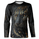 T-shirt all-over noir unisexe avec panthère d'or, art tribal et dorures élégantes esprit animal sauvage