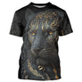 T-shirt all-over noir unisexe avec panthère d'or, art tribal et dorures élégantes esprit animal sauvage