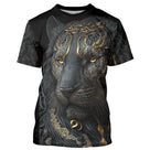 T-shirt all-over noir unisexe avec panthère d'or, art tribal et dorures élégantes esprit animal sauvage