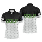 Polo golf homme femme noir blanc avec lettrage GOLF vert pomme et pattern balles de golf