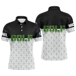 Polo golf homme femme noir blanc avec lettrage GOLF vert pomme et pattern balles de golf