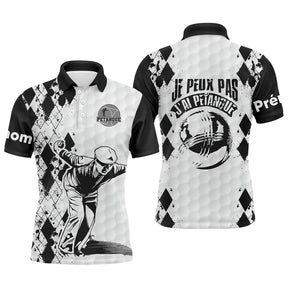 Polo pétanque blanc noir damier avec slogan J'peux pas j'ai pétanque et boule, joueur sur le côté, prénom imprimé